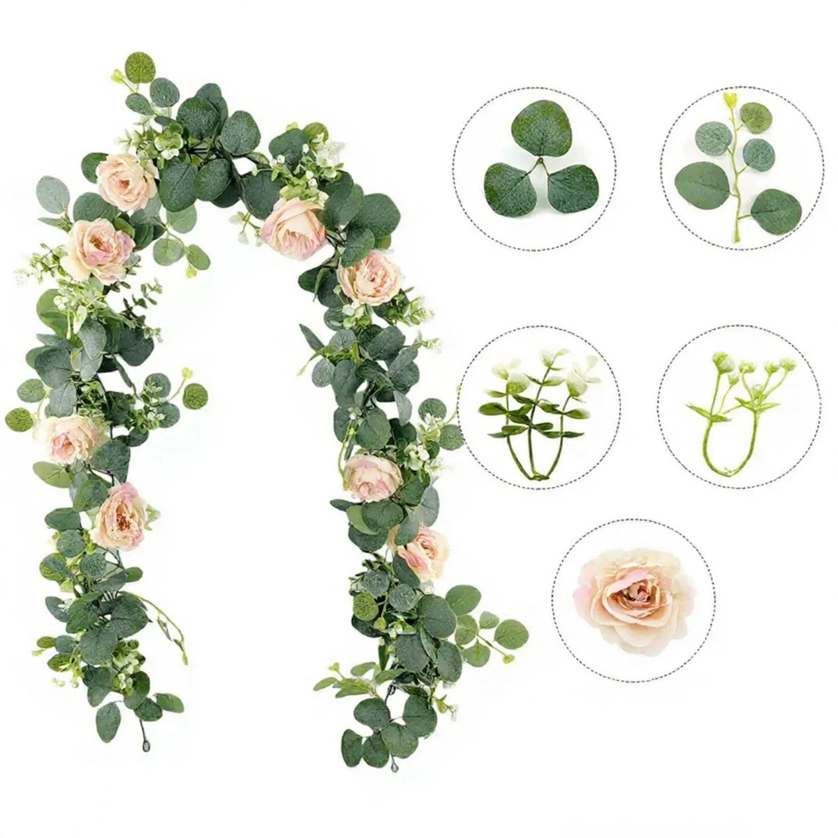 Künstlicher Eukalyptus- und Rosenkranz mit verschiedenen Blättern und Rosen.