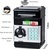 A black combination lock piggy bank with a coin entrance, cash entrance, indicator light, and a numeric keypad.