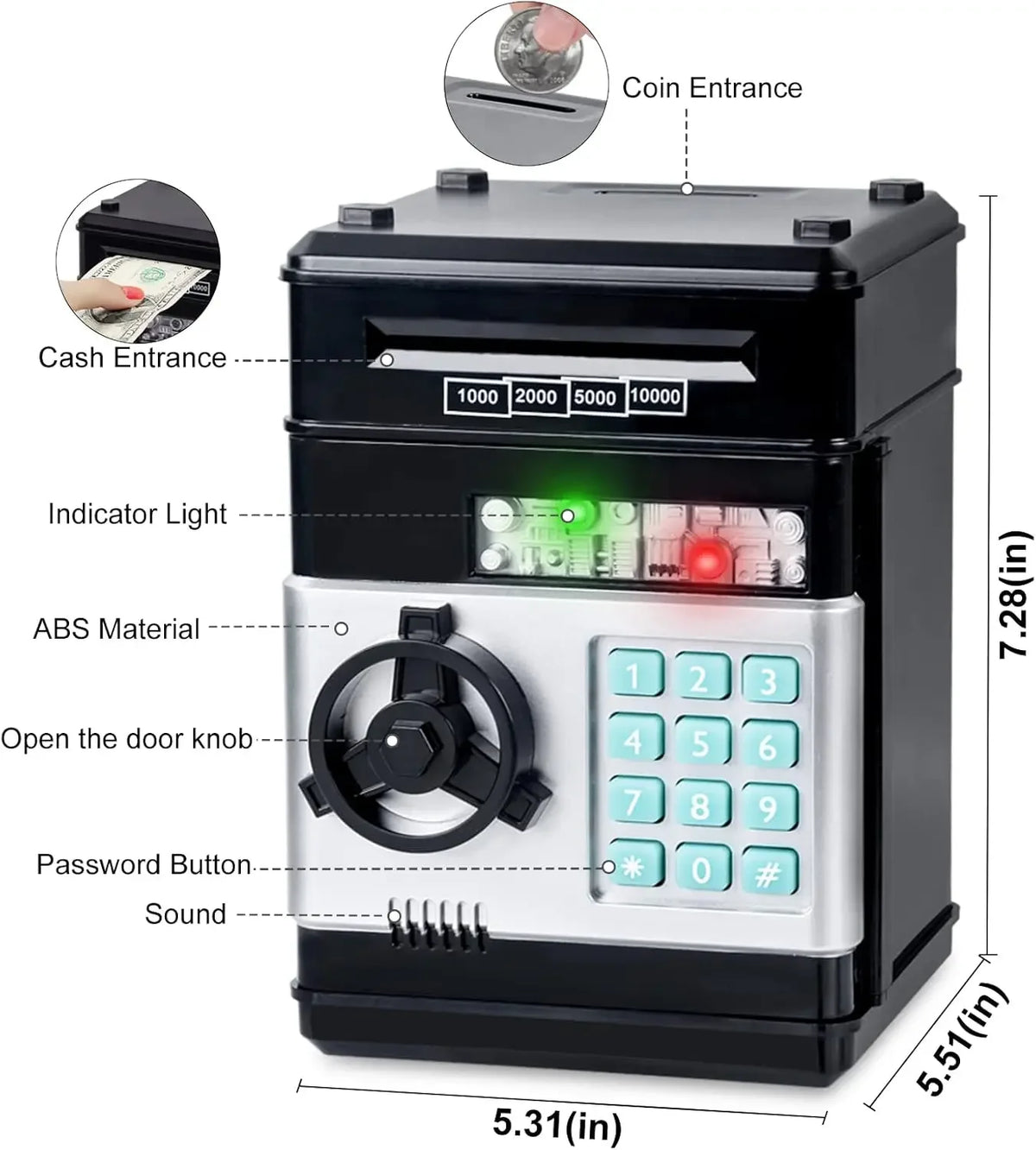 A black combination lock piggy bank with a coin entrance, cash entrance, indicator light, and a numeric keypad.