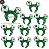 A pack of ten green and white soccer ball balloons with green rings used for party decorations.