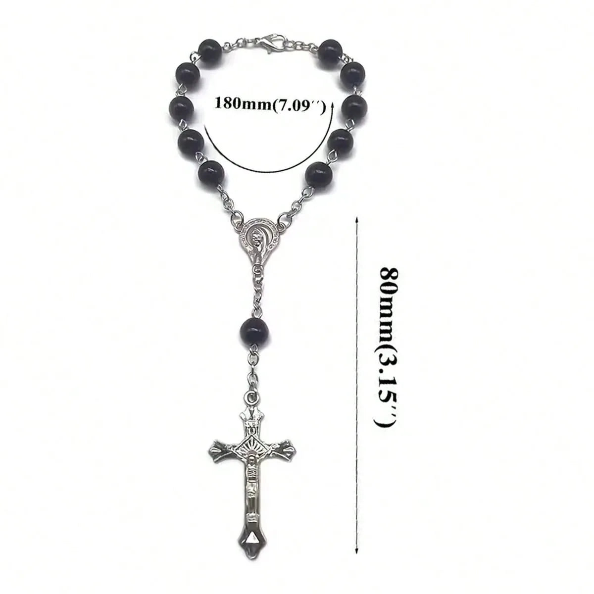 Elegant rosary car pendant and bracelet set with a black bead chain and cross charm