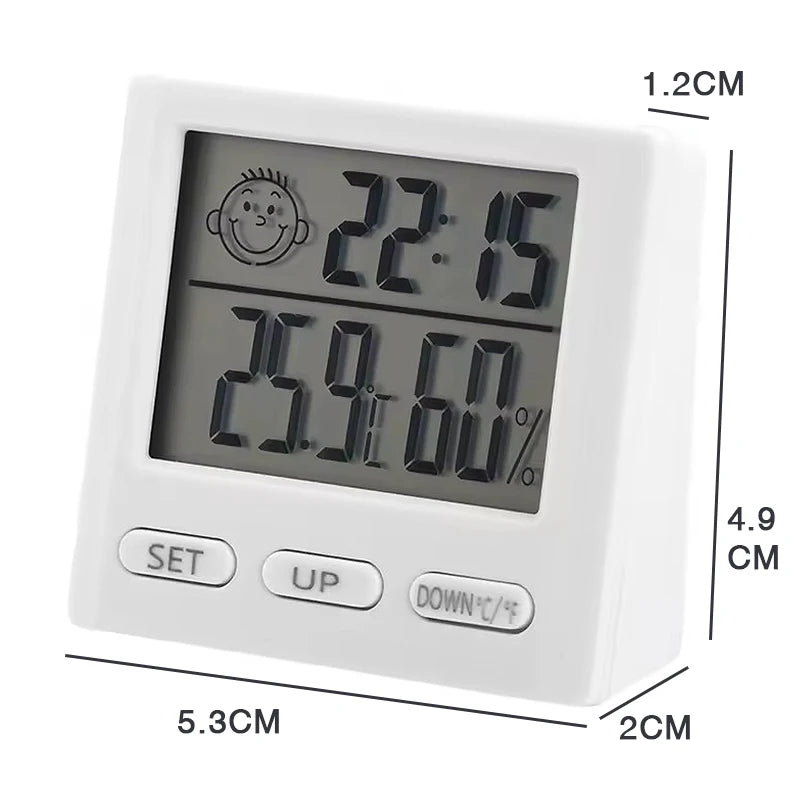A white LED digital thermometer displaying 22.15 degrees Celsius and a 60% humidity reading.