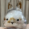 A clear glass figurine shaped like a rabbit with brown accents and black eyes.