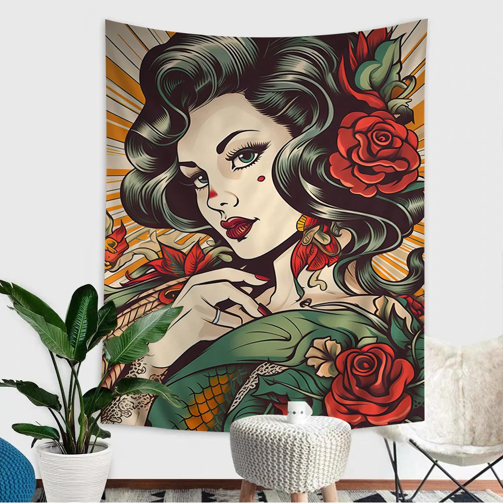 A vibrant tapestry featuring a vintage tattoo style woman with dark hair and roses.