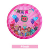 Pink balloon plate for a party featuring Cocomelon characters and bunting flags