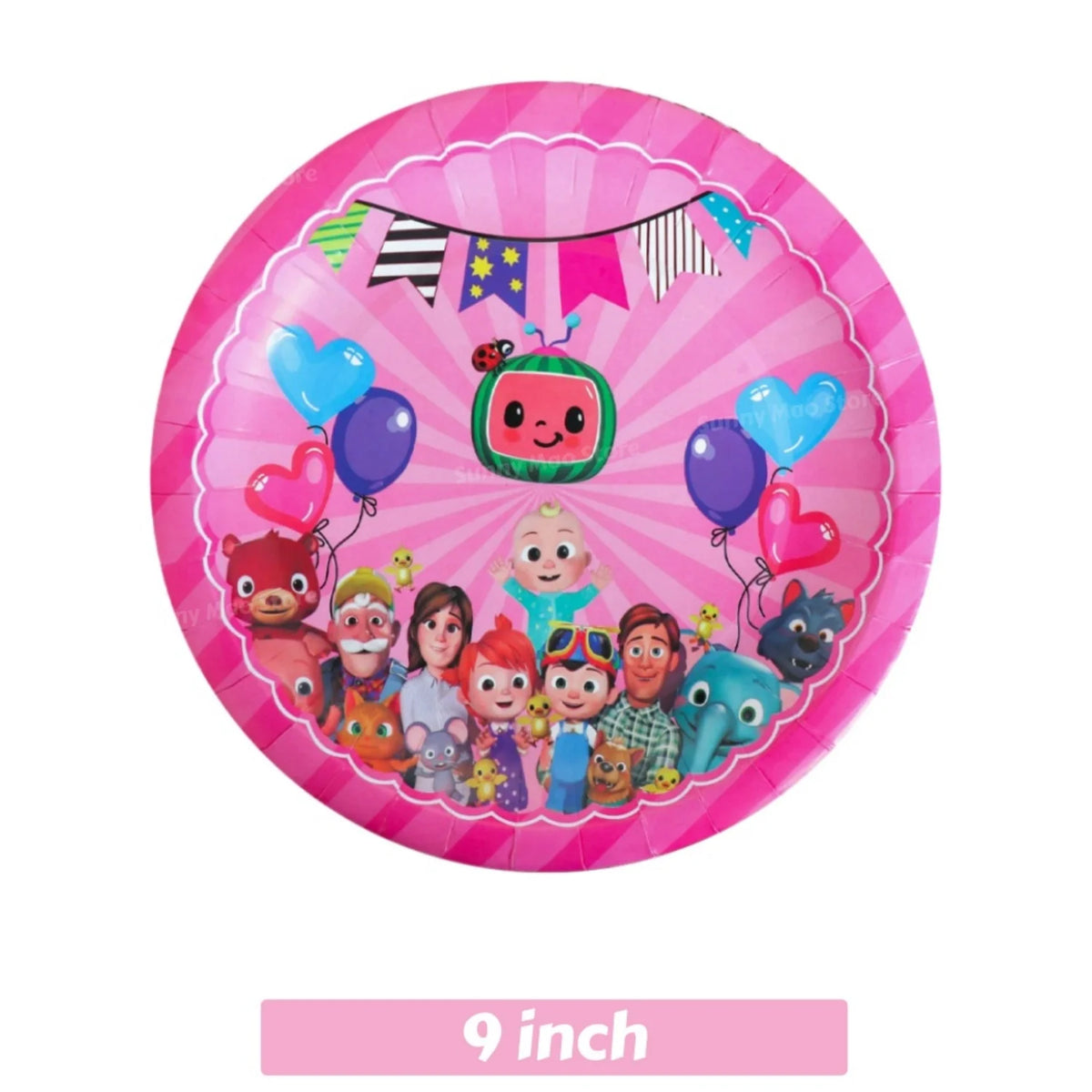 Pink balloon plate for a party featuring Cocomelon characters and bunting flags
