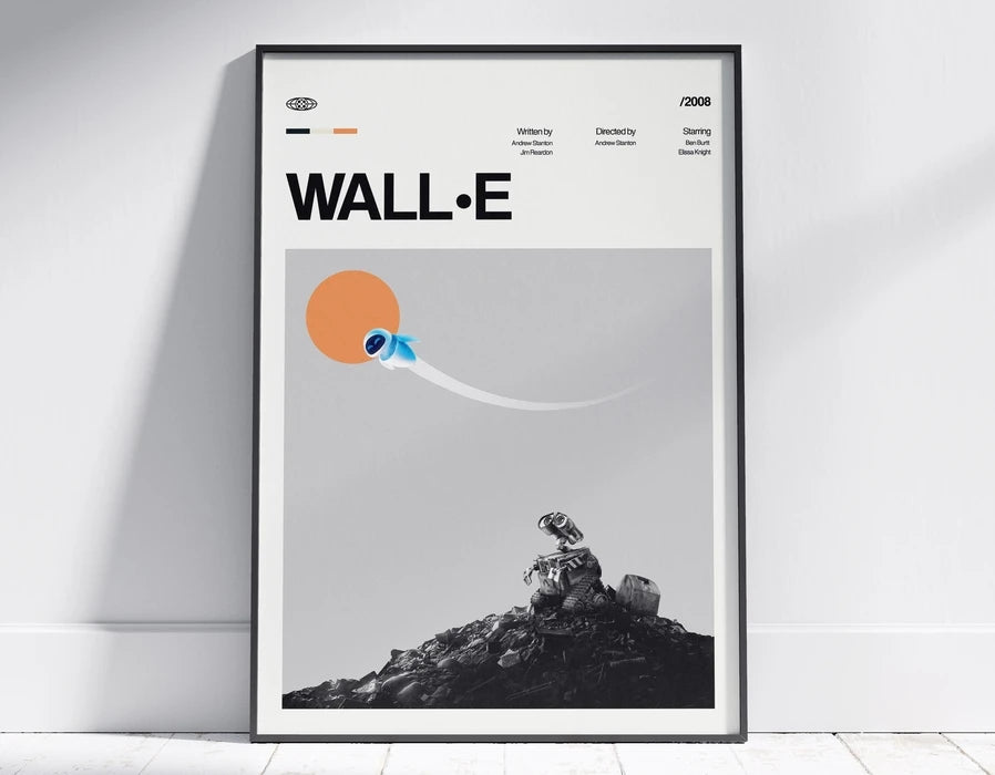 A framed piece of wall art featuring a minimalist illustration of a blue, elongated shape against a gray background.
