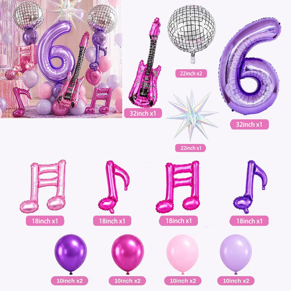 Purple music theme birthday party decorations including balloons, musical instruments, and props