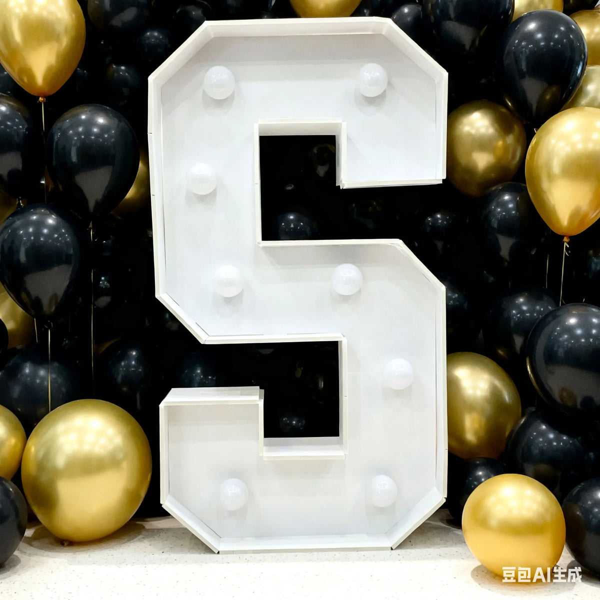 A large white marquee light-up letter shaped like the number 5 displayed against a dark background of balloons.