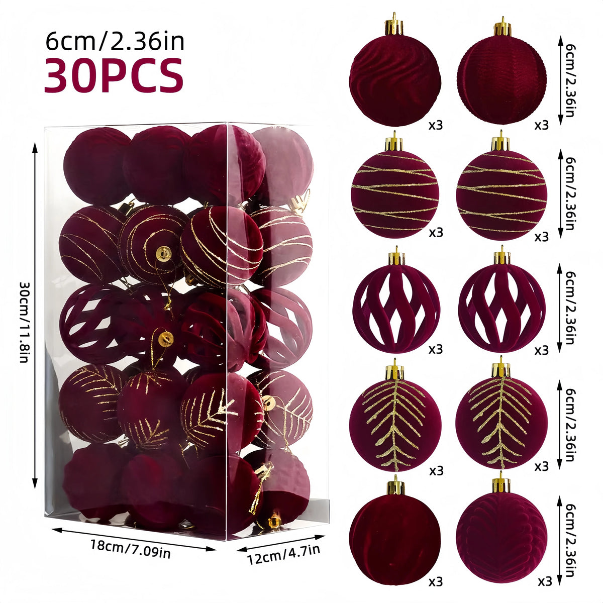 A set of 30 velvet Christmas baubles in deep burgundy and gold accents, packaged for holiday decor.