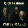 A dark, moody image featuring three horror-themed masks: a tiger mask, a skull mask, and a clown mask.