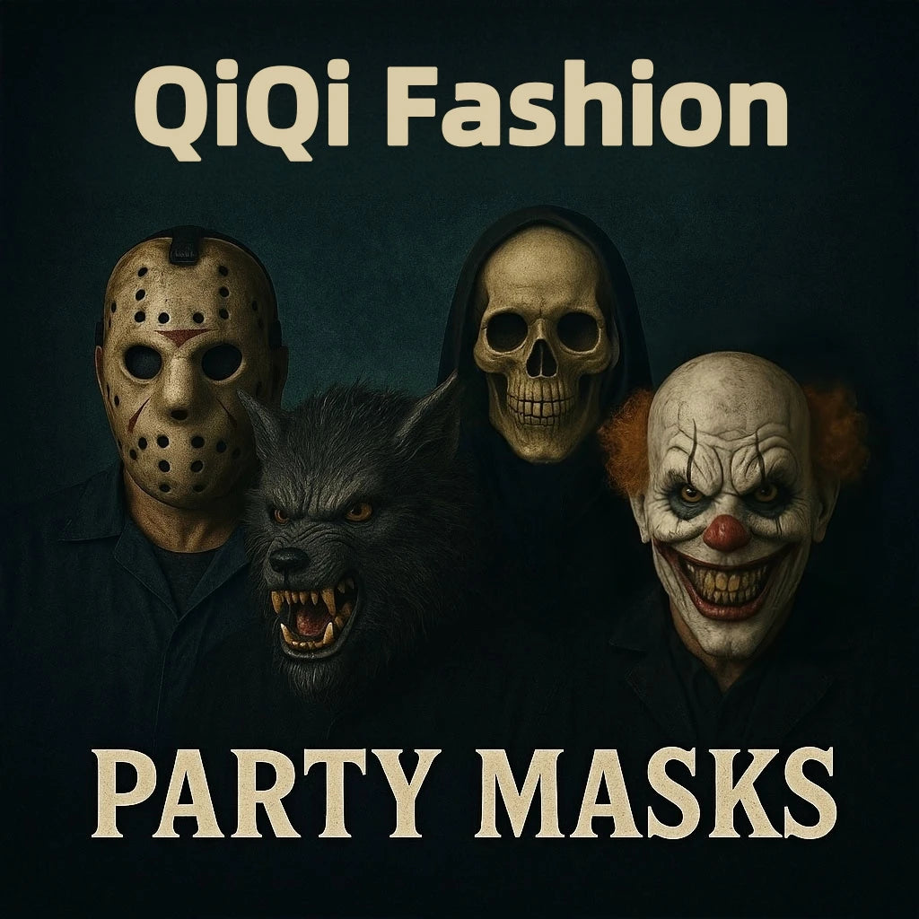 A dark, moody image featuring three horror-themed masks: a tiger mask, a skull mask, and a clown mask.