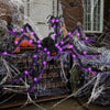 A large black spider web decoration with purple LED lights is displayed outdoors.