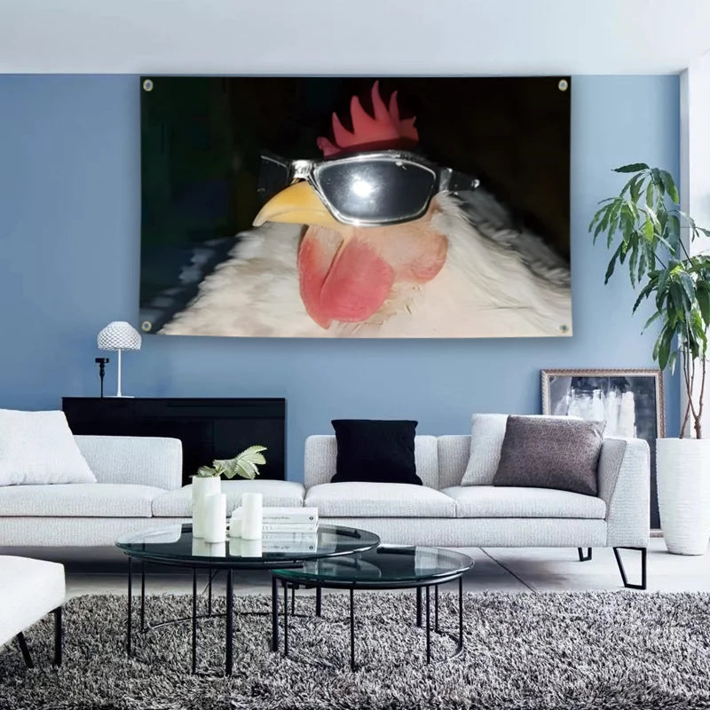 A framed banner featuring a chicken wearing sunglasses and a red comb against a dark background.