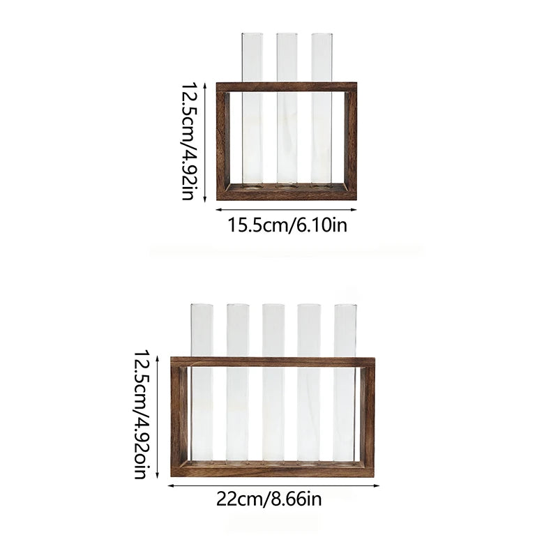 A wooden planter box with glass panels and test tube style vases for hydroponic plants.