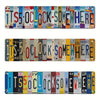 A rustic metal sign featuring the phrase Its Five O'Clock Somewhere in various colorful letters for bar and wall decor.