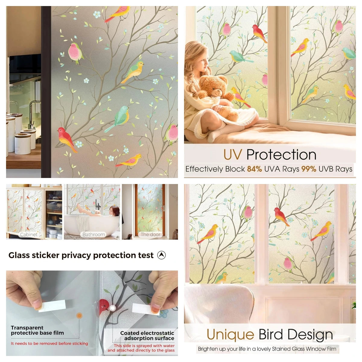 A glass sticker privacy protection test showing a bird design on a window film.