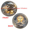 Image of a commemorative coin showing Jesus Christ's head on the front and the United States of America on the back.