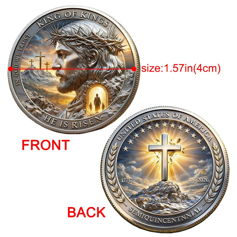 Image of a commemorative coin showing Jesus Christ's head on the front and the United States of America on the back.
