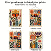 Four ways to hand your prints: picture frames, hanging frames, clothespins, and pin&binder clip.
