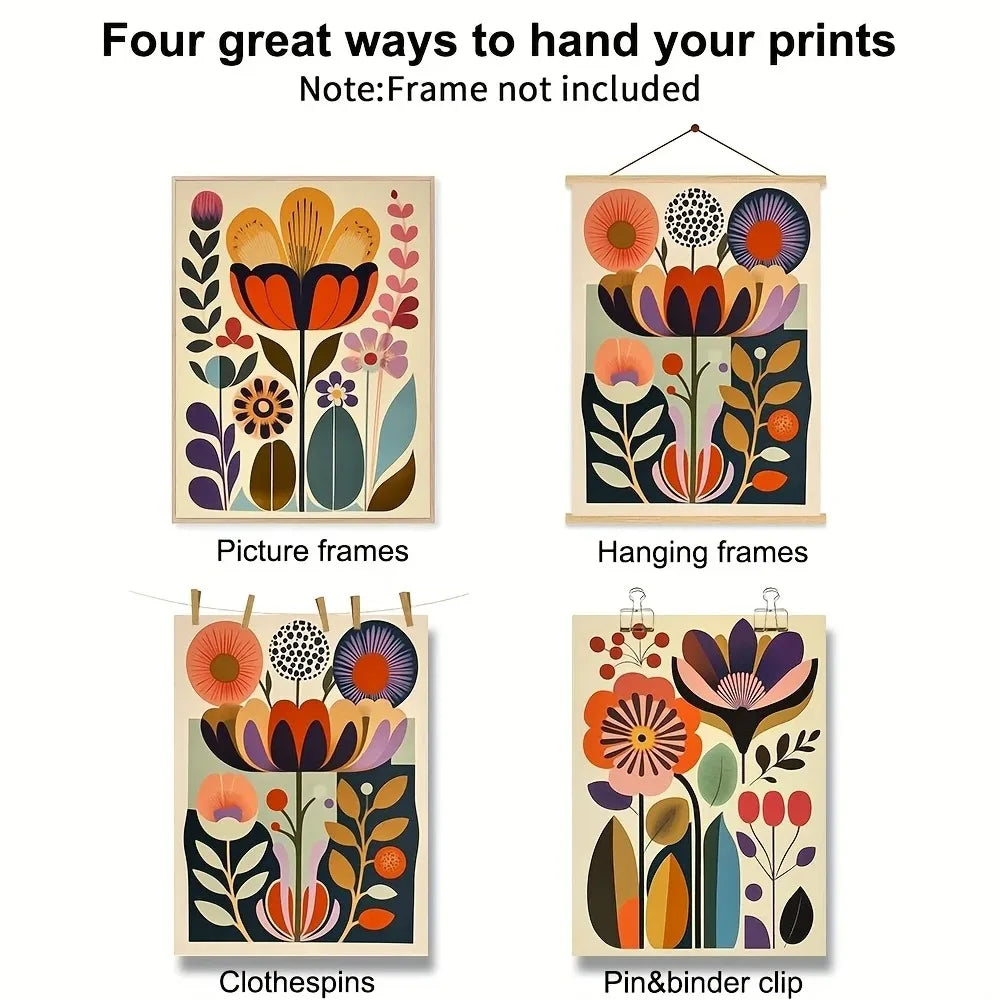Four ways to hand your prints: picture frames, hanging frames, clothespins, and pin&binder clip.