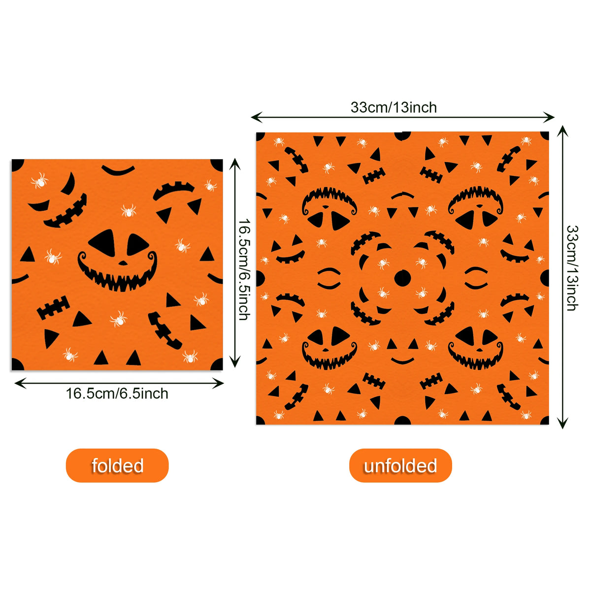 Orange paper napkins featuring a repeating pattern of Halloween skulls, spiders, and bats.