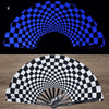 A black and white checkered folding fan is shown in an arc, with a UV fluorescent pattern visible.