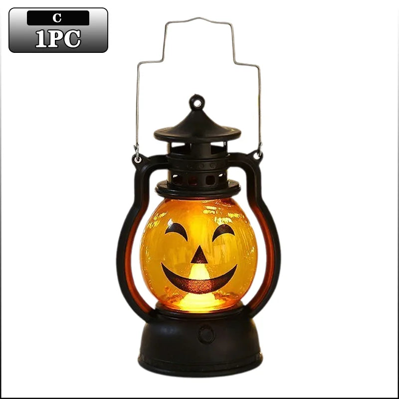 A black lantern shaped like a carved pumpkin with an orange glow and a smiling face projection.