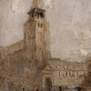 A muted oil painting depicting an old stone tower and building facade under a cloudy sky.