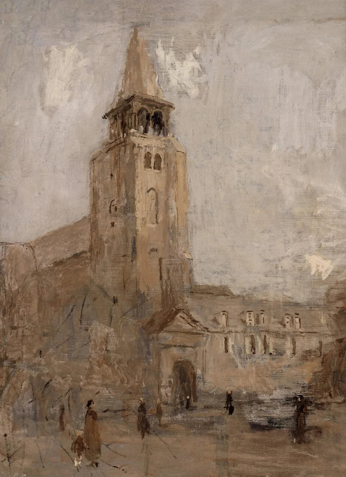 A muted oil painting depicting an old stone tower and building facade under a cloudy sky.