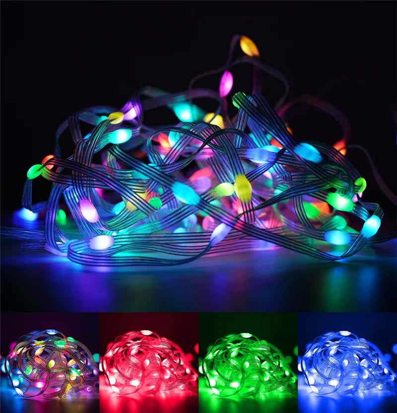 A bundle of RGBIC color changing LED fairy string lights in various colors glowing brightly.