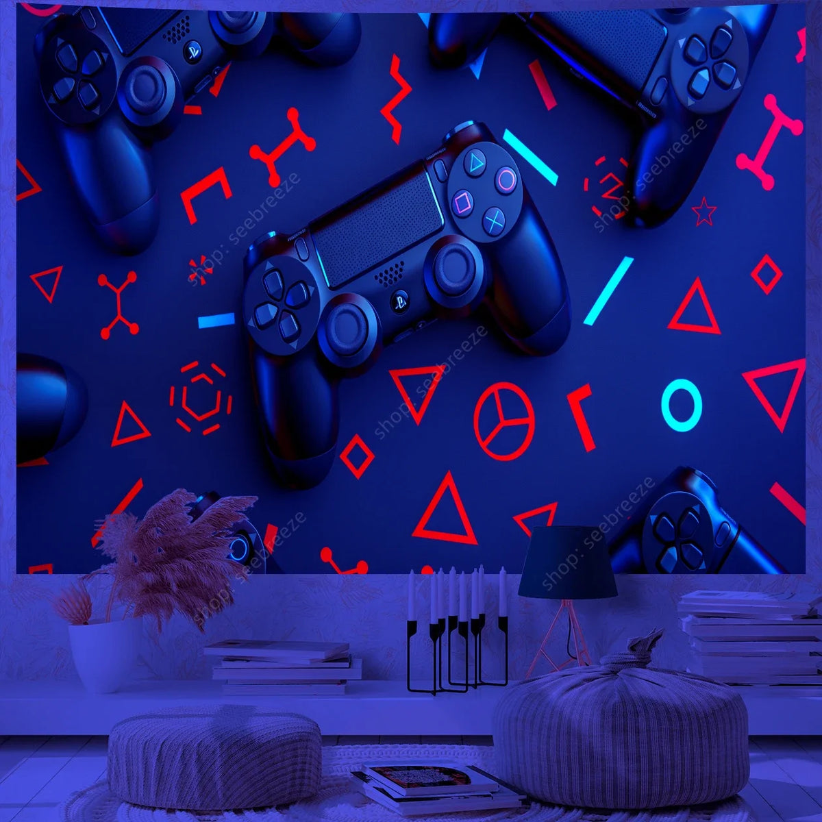 A dark blue tapestry featuring UV reactive game controllers and abstract red geometric shapes.