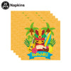 A colorful illustration featuring tropical leaves, flowers, and a tiki mask design on a yellow background.