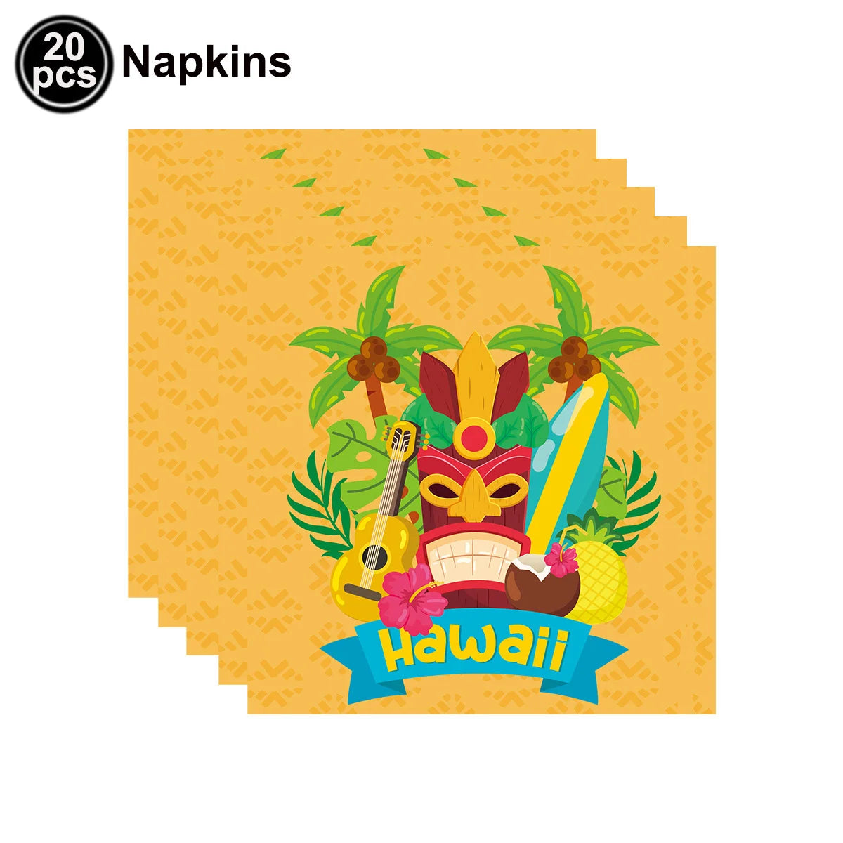 A colorful illustration featuring tropical leaves, flowers, and a tiki mask design on a yellow background.
