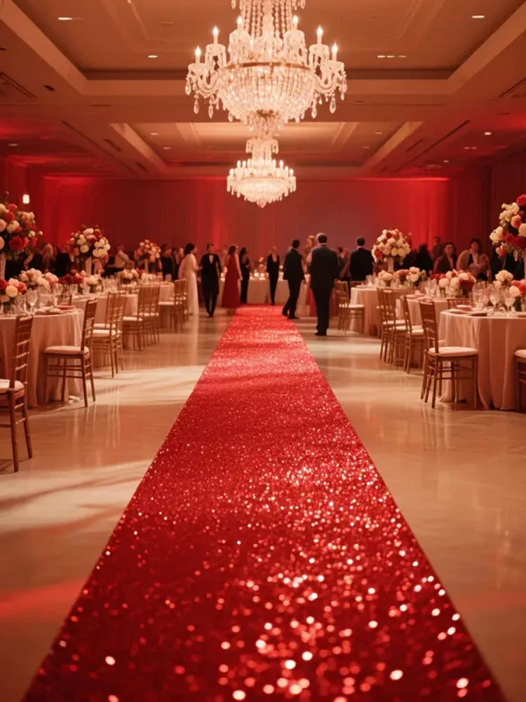 A long red sparkling aisle runner leading down a grand ballroom with tables and a chandelier.