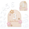 Wooden keepsake sign showing numbers 1, 3, and 5, along with the word months, for a newborn