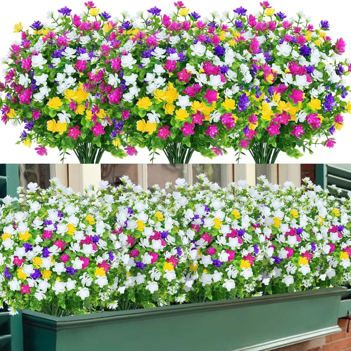 A dense display of colorful faux floral plants featuring white, pink, purple, and yellow blooms for outdoor decoration.