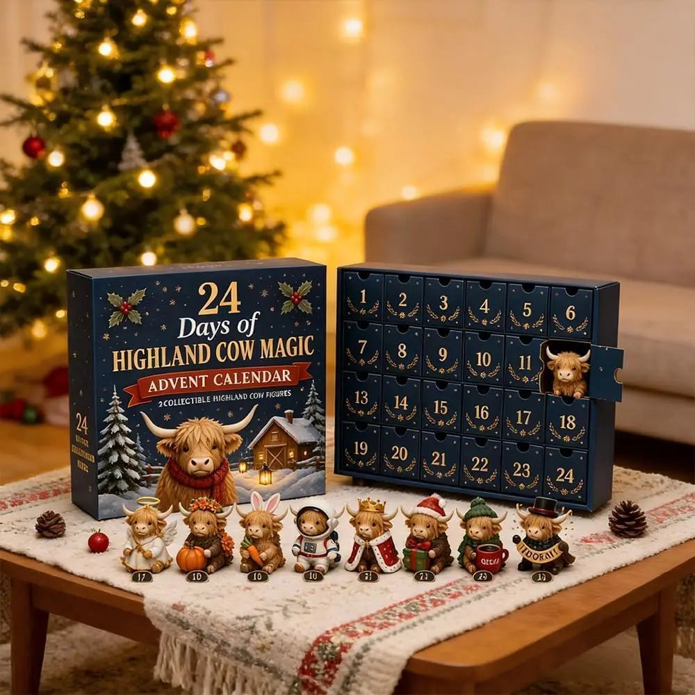 A box of a 24-Day Christmas Advent Calendar featuring Highland cow figurines and numbered compartments.