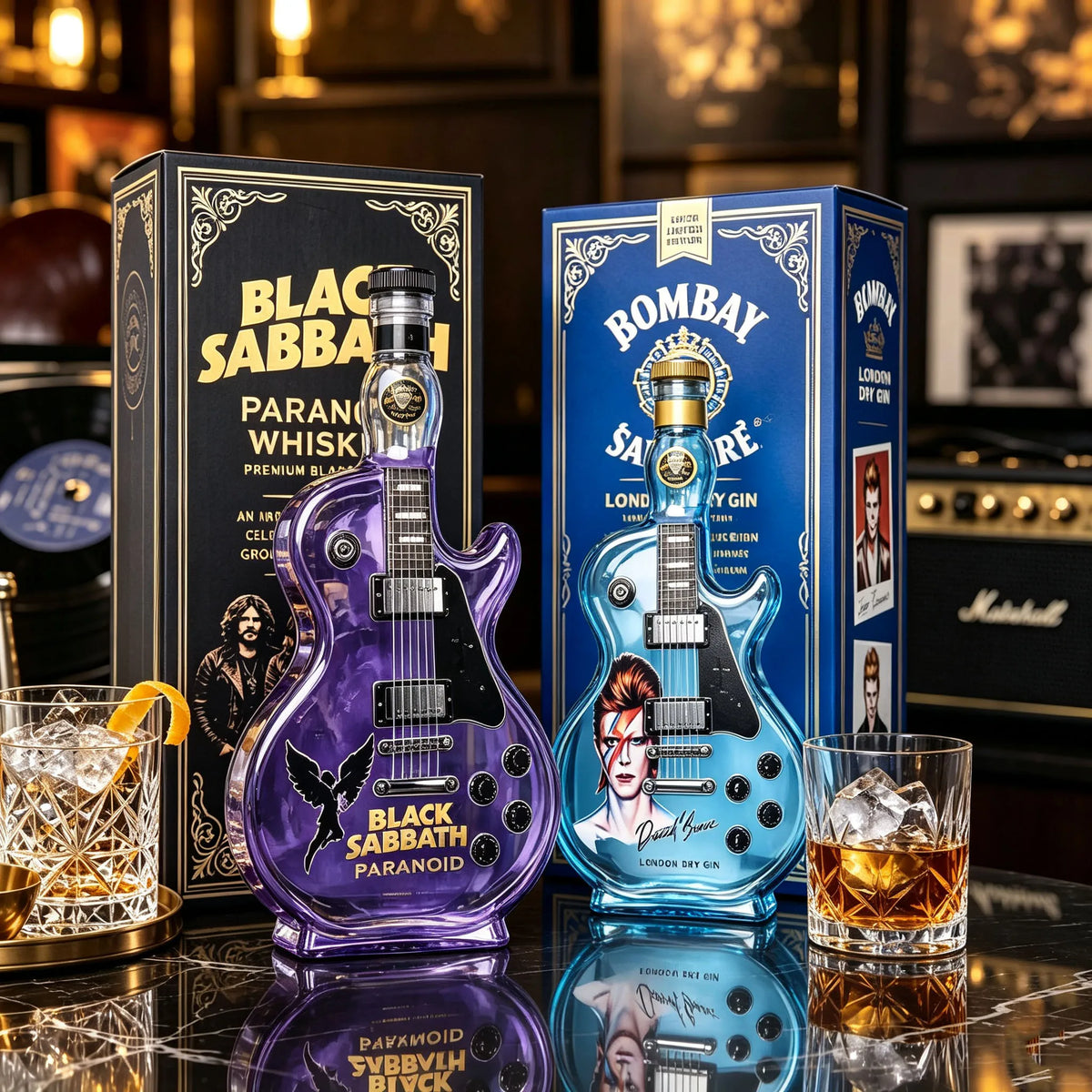 A purple guitar-shaped glass whiskey decanter labeled Black Sabbath Paranoid whisky displayed next to a blue Bombay gin bottl
