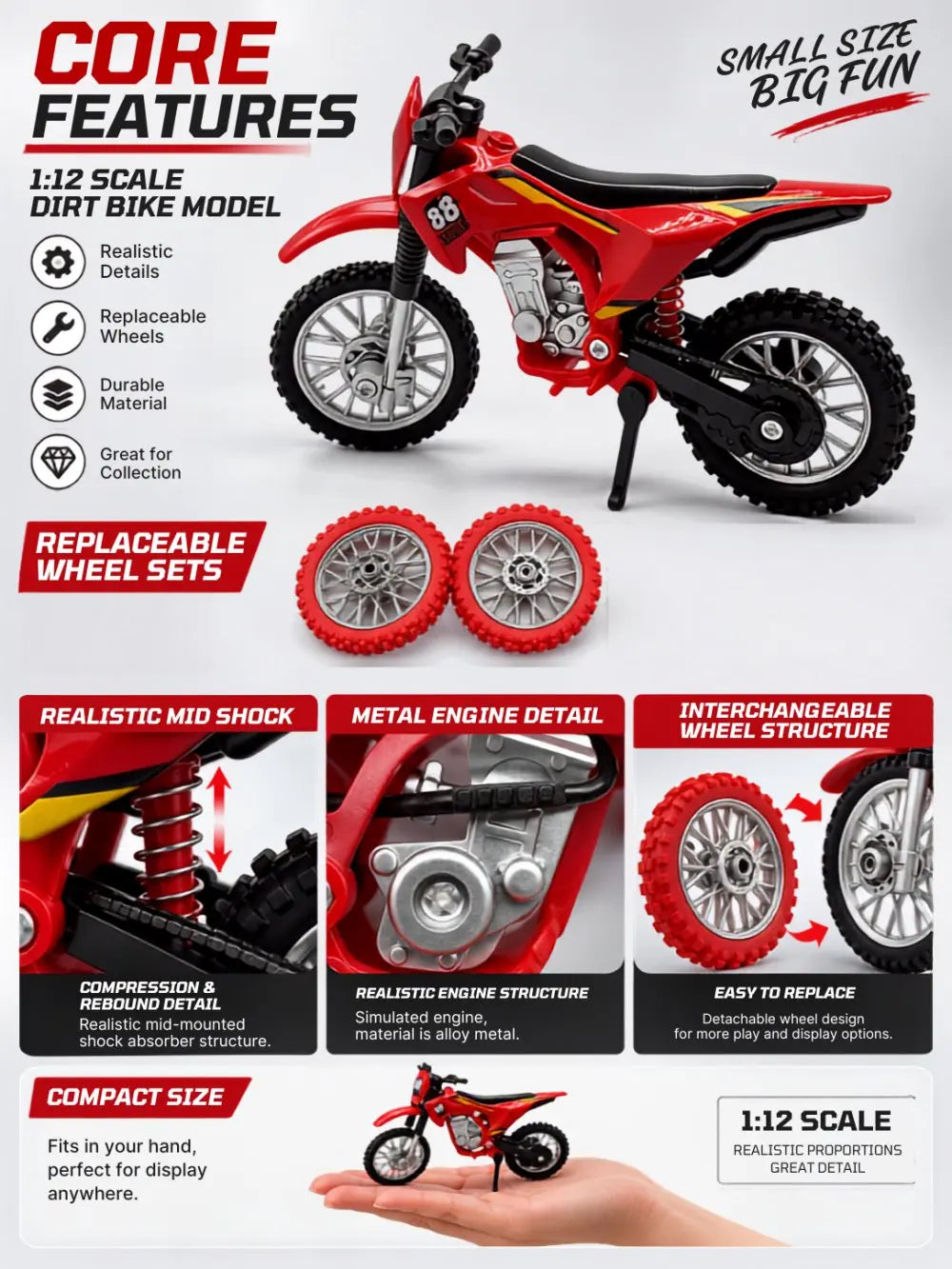 A red 1:12 scale off-road motorcycle model with interchangeable wheels and engine details.