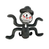 A black plush toy set shaped like a spider with a white eye and dripping blood.