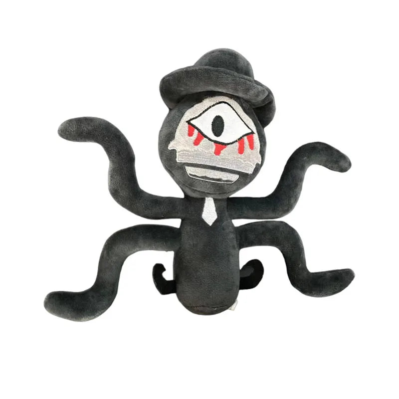 A black plush toy set shaped like a spider with a white eye and dripping blood.