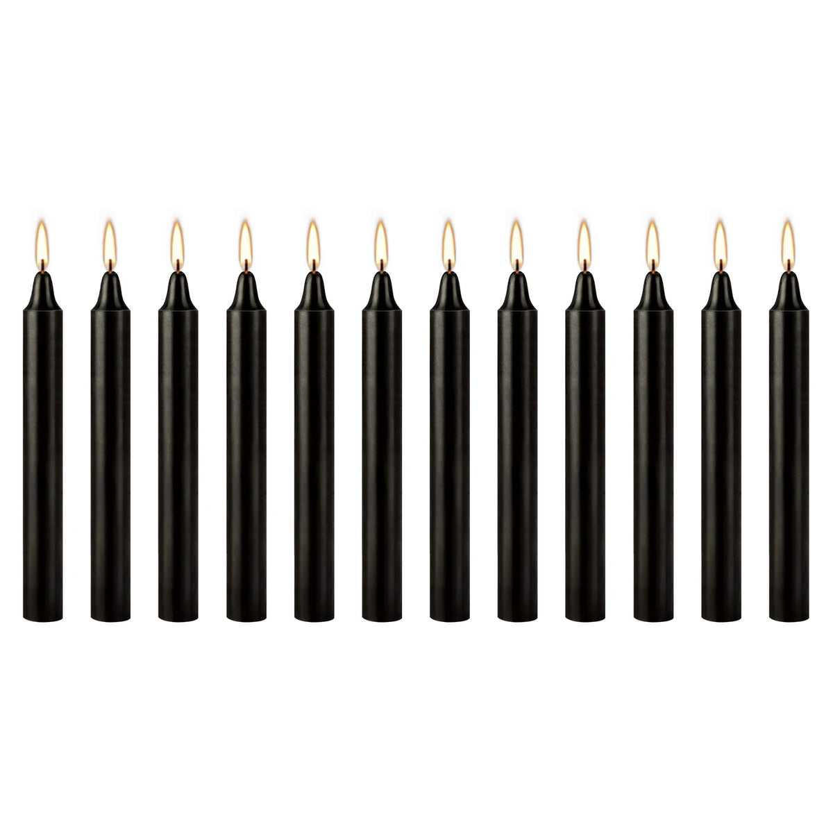 A set of twelve black taper candles standing upright in a row.