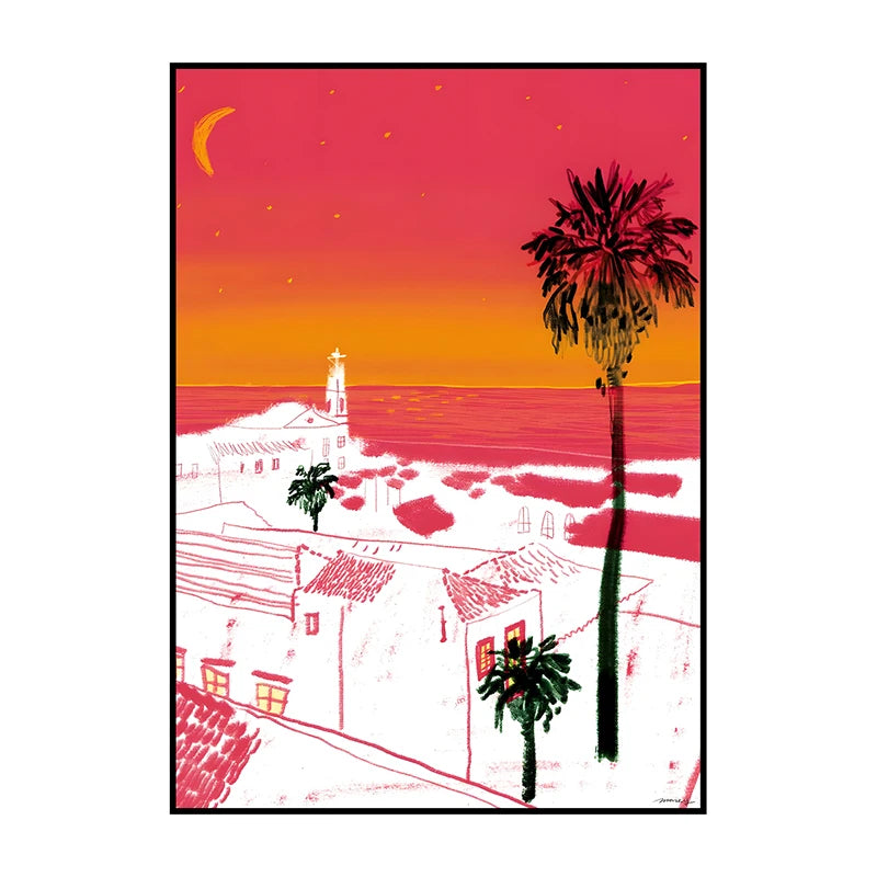 A vibrant sunset painting featuring a silhouette of a building and palm trees against a red sky.