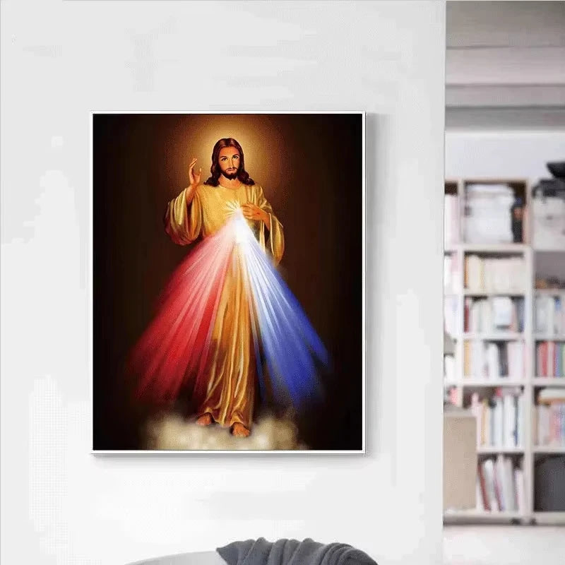 Canvas art print depicting Divine Mercy Jesus with rays of light in warm tones and blue