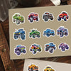 A collection of 12 monster truck decals featuring various colors and designs on a beige background.