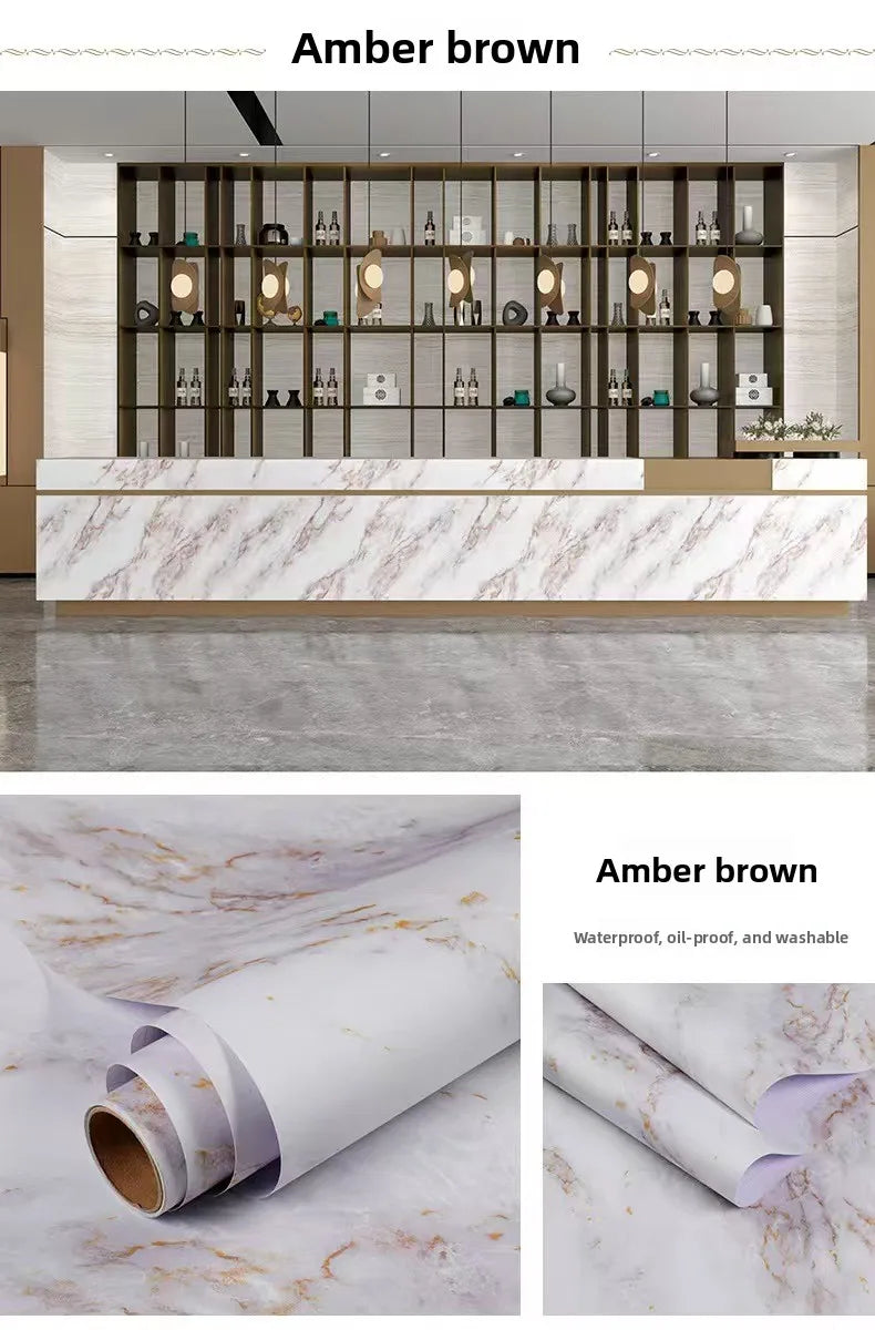 Amber brown matte marble self-adhesive waterproof wallpaper roll showing texture and color variation