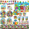 A colorful set of birthday party supplies featuring characters and themed decorations for a celebration.