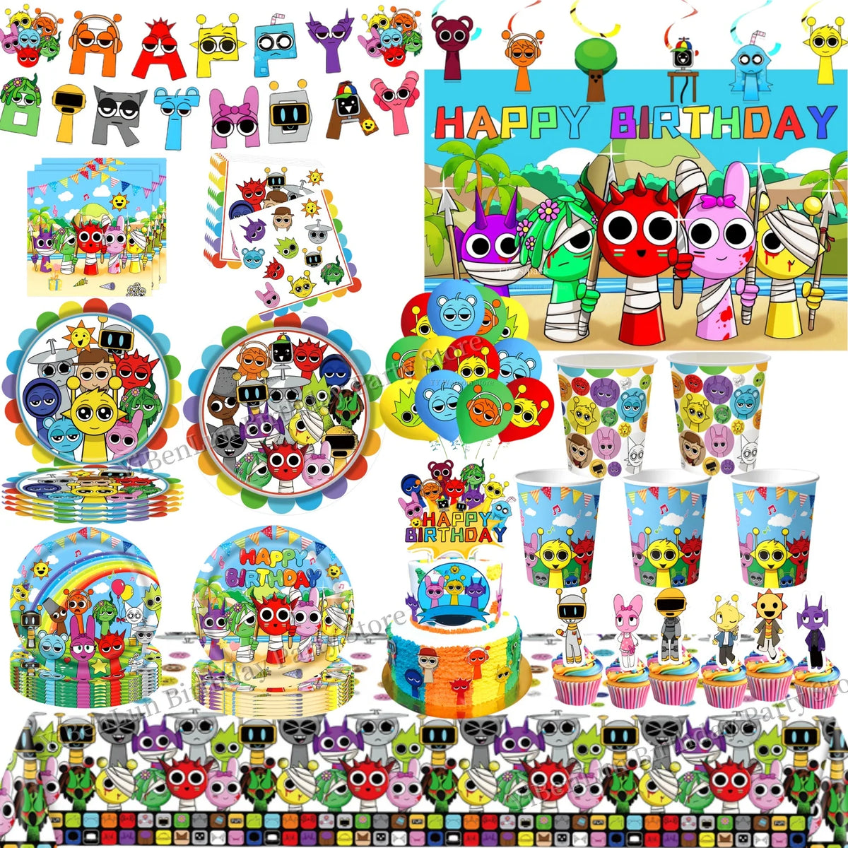 A colorful set of birthday party supplies featuring characters and themed decorations for a celebration.