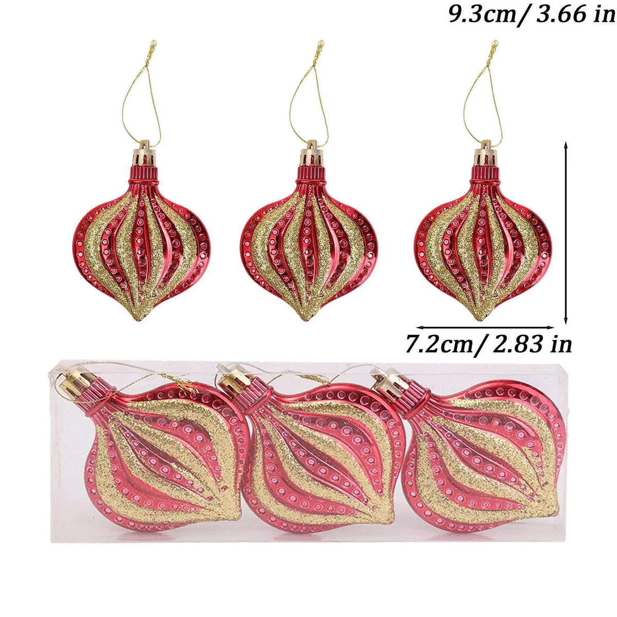Three gold-toned flat onion Christmas ornaments in pink and red glitter are displayed.